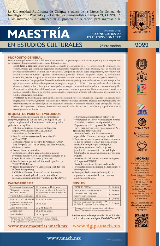 Últimos días de la convocatoria de la Maestría en Estudios Culturales que se imparte en la UNACH