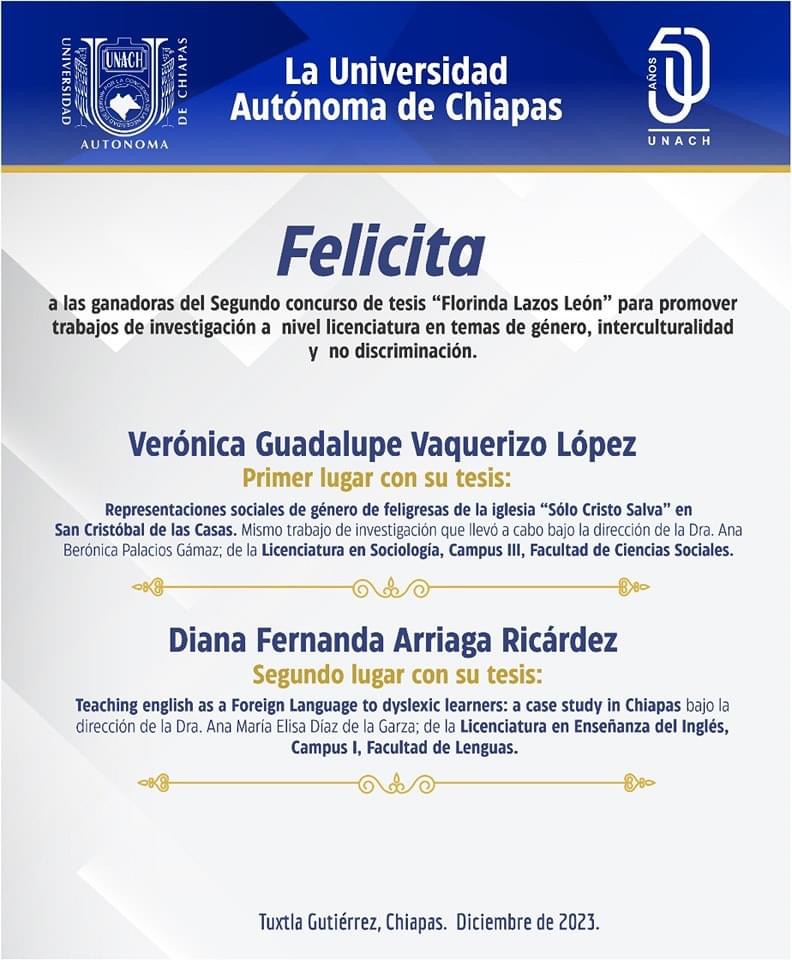 Reconoce UNACH a ganadoras del Concurso de Tesis  “Florinda Lazos León”