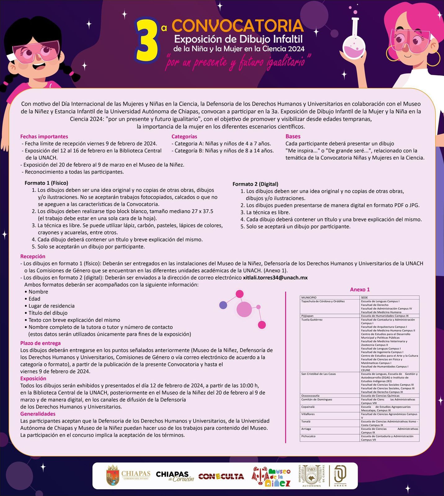 Convoca UNACH a participar en la 3ª Exposición de Dibujo Infantil de la Niña y la Mujer en la Ciencia 2024