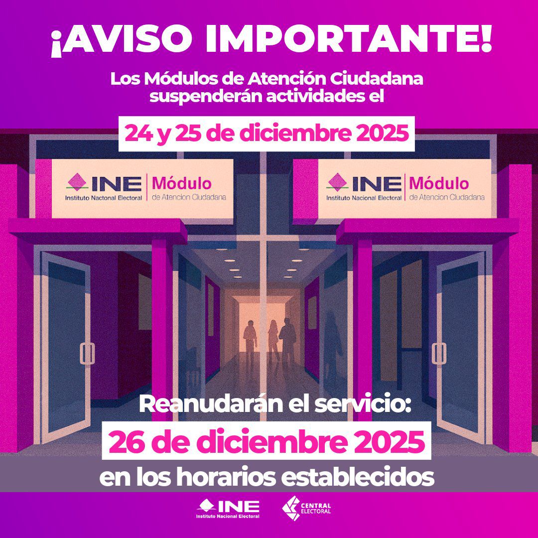 Módulos del INE permanecerán cerrados el 24 y 25 de diciembre y del 29 de diciembre al 3 de enero de 2026