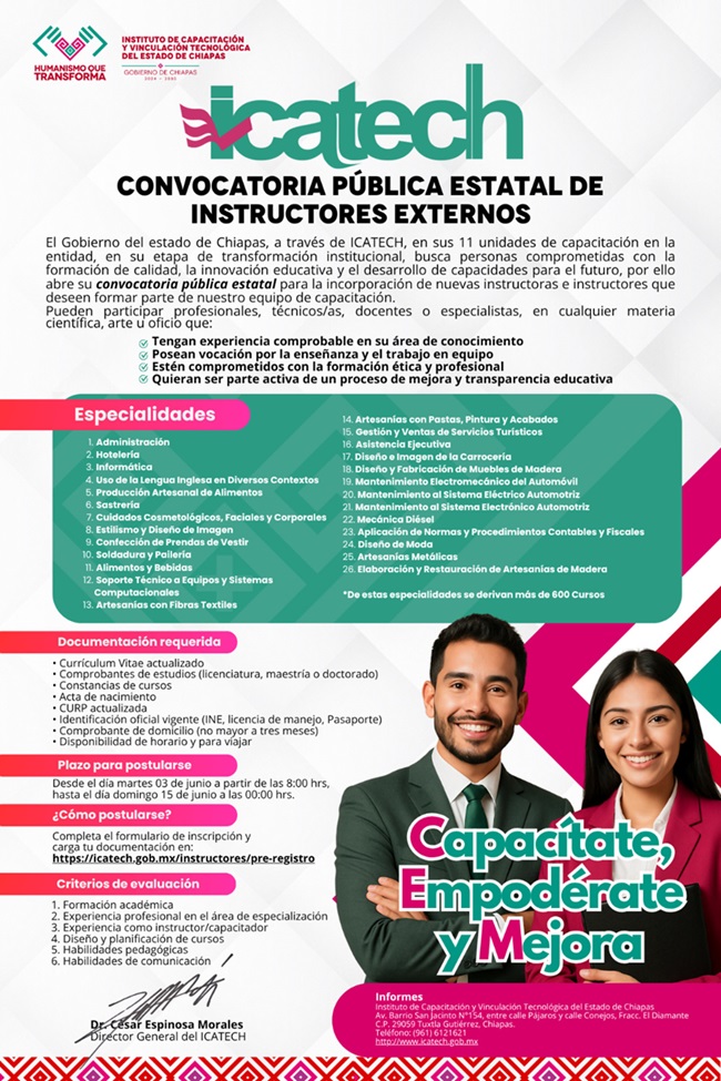 Icatech extiende periodo de convocatoria para instructores externos 