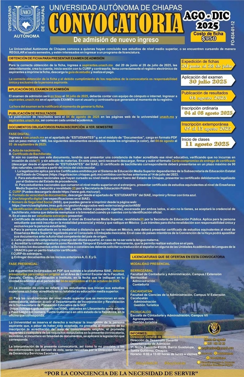 Mantiene UNACH abierta convocatoria para integrarse a las sedes de Berriozábal, Cacahoatán y Pichucalco 