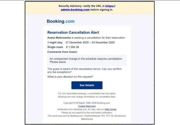 Correos falsos de Booking distribuyen malware usando la técnica ClickFix