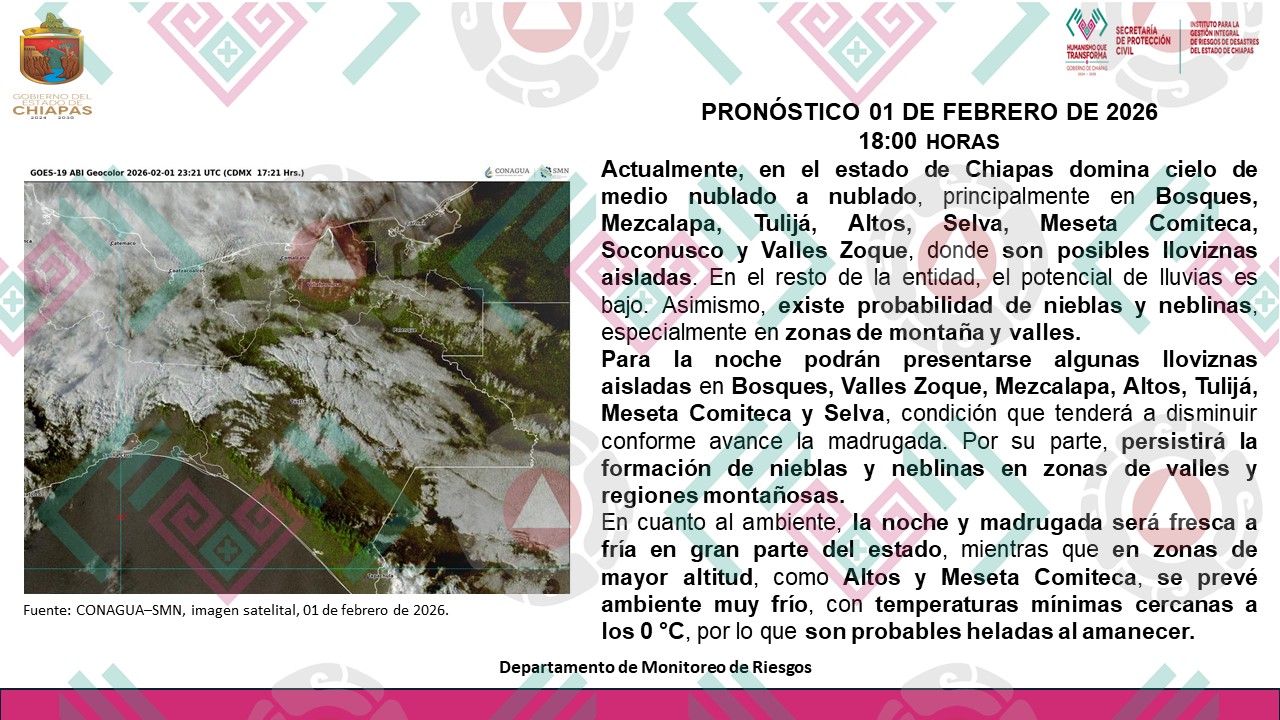 Secretaría de Protección Civil emite aviso preventivo por bajas temperaturas en Chiapas