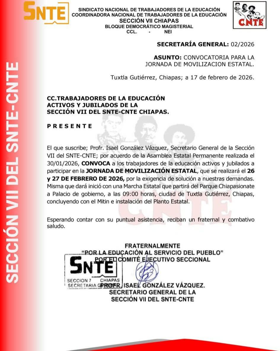 Sección VII del SNTE-CNTE convoca a jornada de movilización estatal el 26 y 27 de febrero