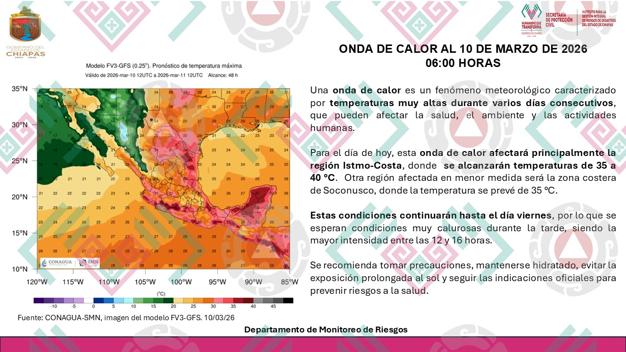 Alertan por onda de calor en Chiapas; temperaturas podrían alcanzar hasta 40 grados