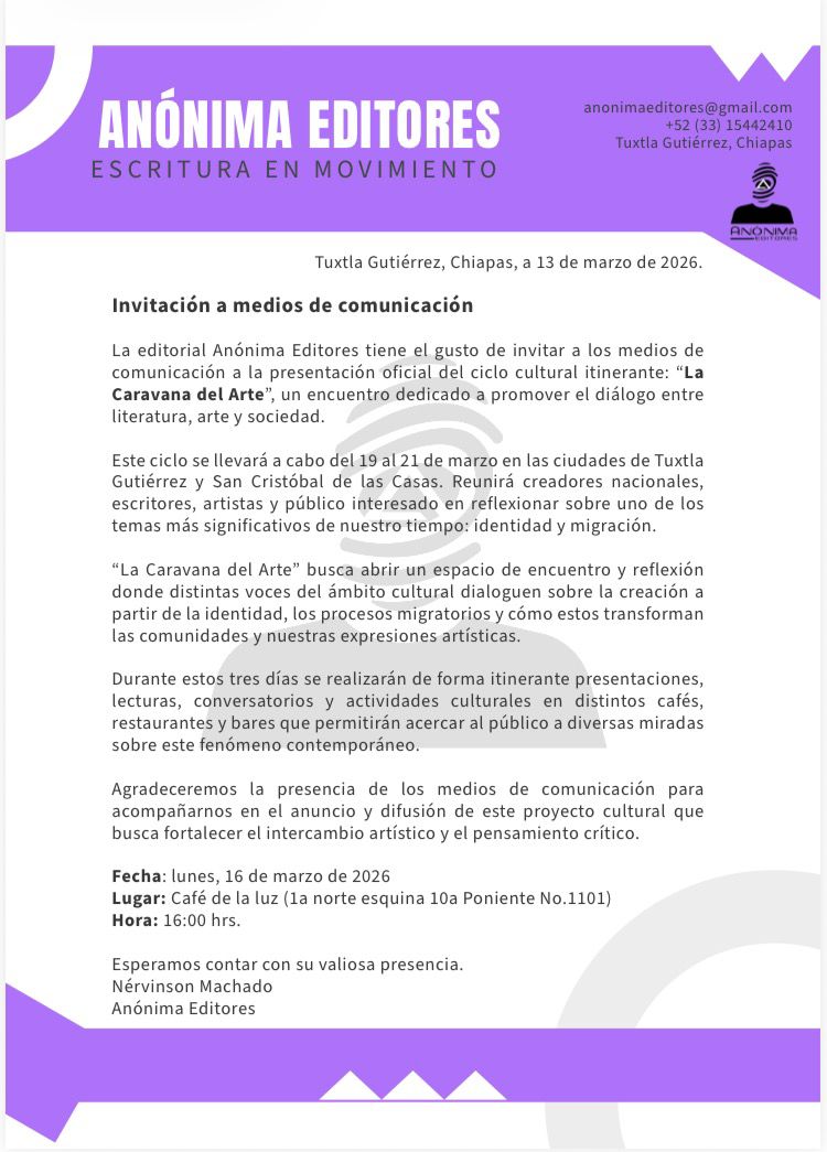 Anónima Editores invita a la presentación del ciclo cultural “La Caravana del Arte”