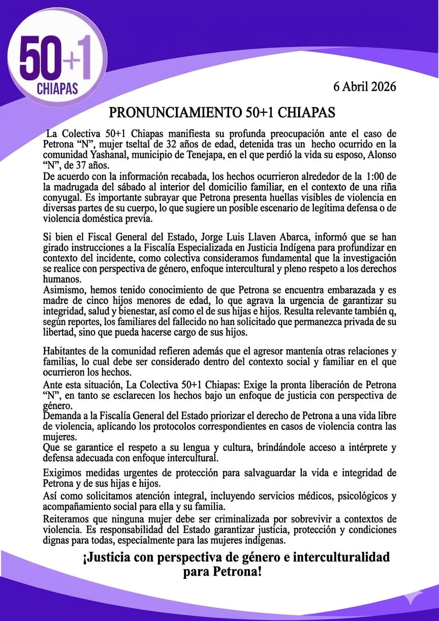 Colectiva 50+1 Chiapas exige justicia con perspectiva de género en caso de mujer indígena en Tenejapa