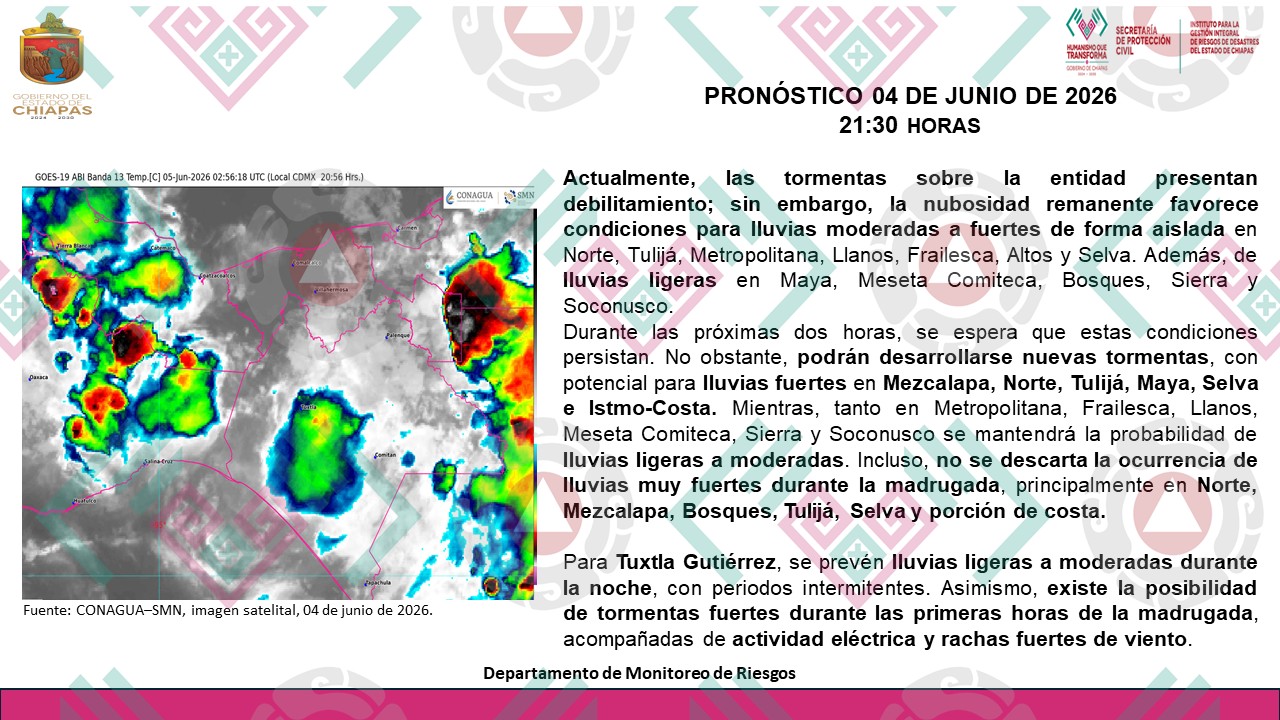 Prevén lluvias y posibles tormentas eléctricas en Tuxtla Gutiérrez y diversas regiones de Chiapas durante la noche y madrugada